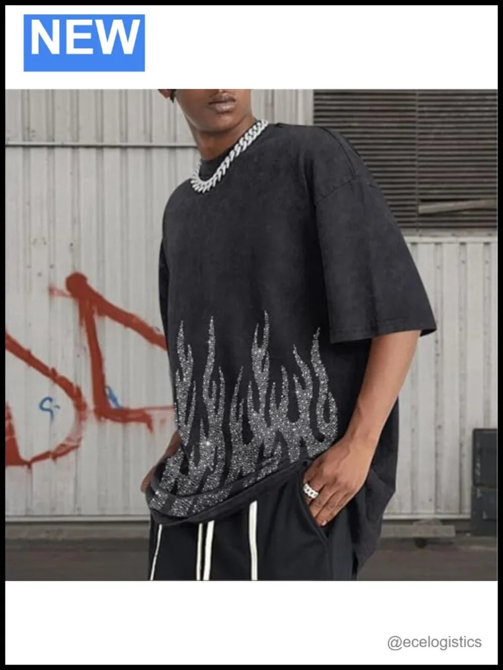 Oversized Rhinestone Flame Graphic Tee Streetwear Grunge Y2K T-Shirt